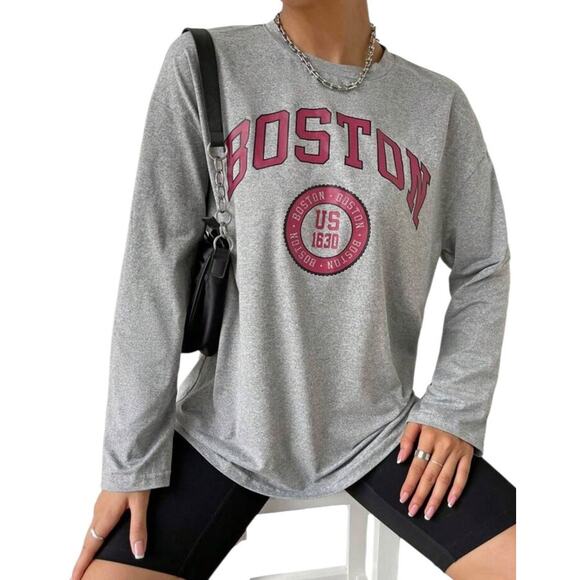 Shein Women's Small Gray Red Long Sleeve Round Neck "Boston" Graphic Tee - Picture 4 of 7